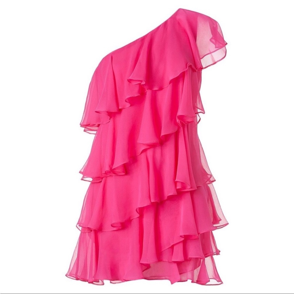 Halston Heritage Fuchsia Tiered Ruffle One-Shoulder Dress sz 2